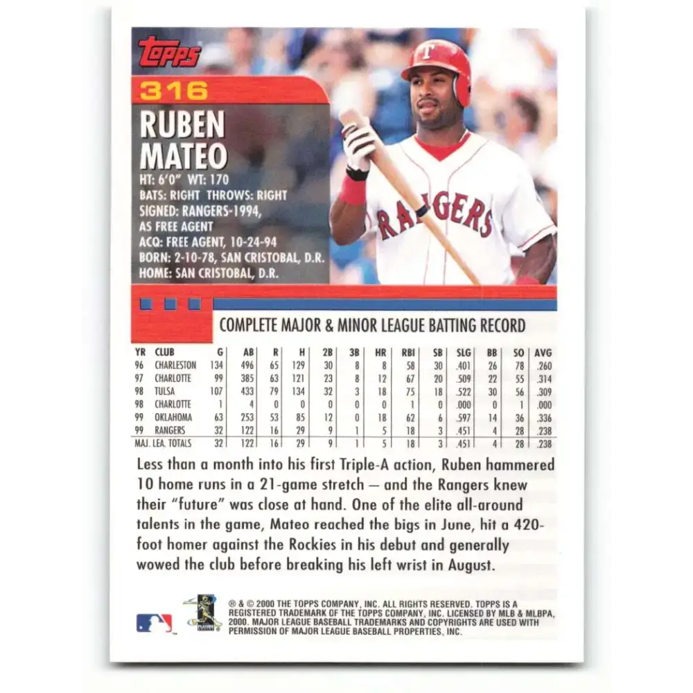 2000 Topps #316 Ruben Mateo EX Excellent Texas Rangers Baseball Card - Baseball Card Single
