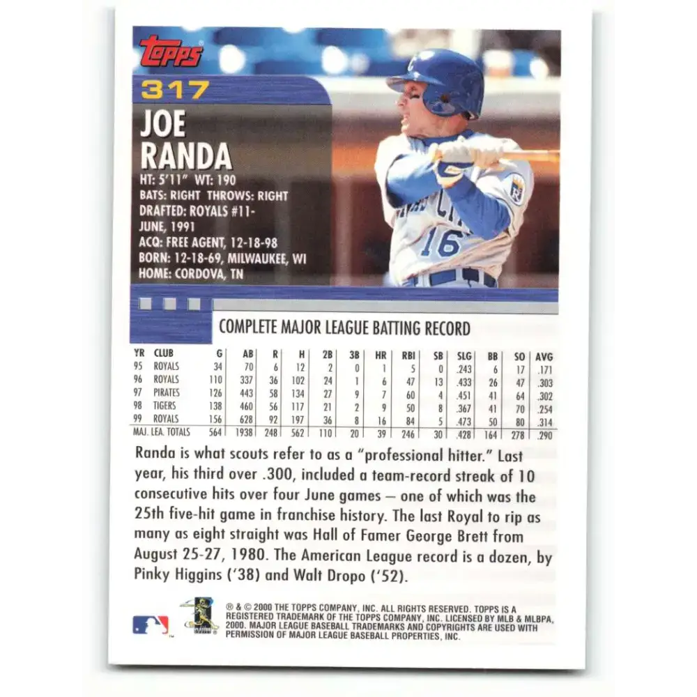 2000 Topps #317 Joe Randa EX Excellent Kansas City Royals Baseball Card - Baseball Card Single