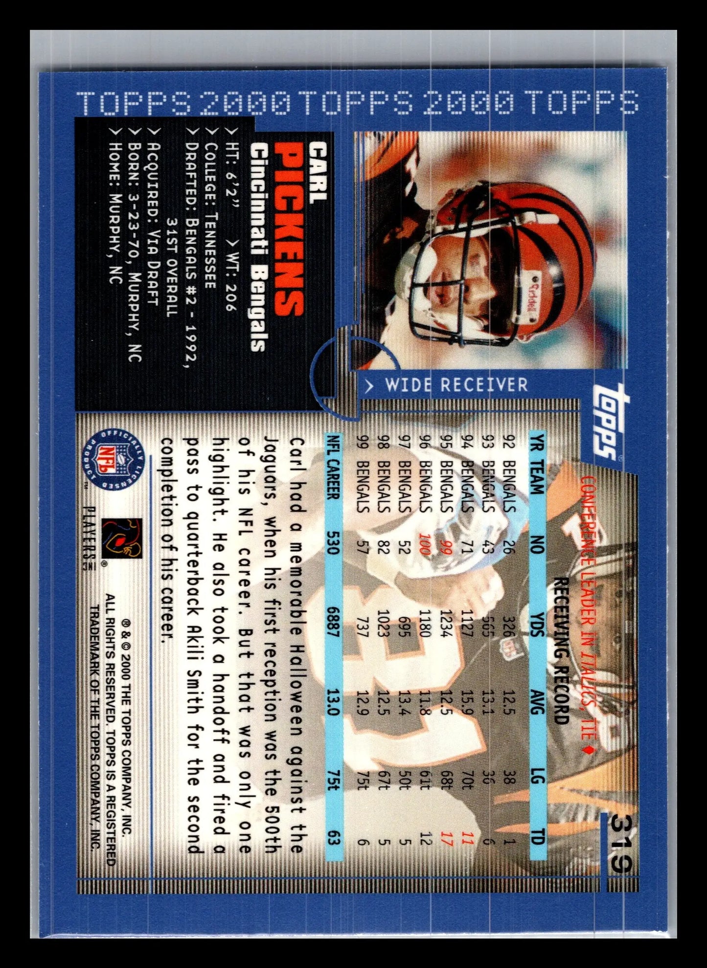 2000 Topps #319 Carl Pickens Cincinnati Bengals - Football Card Single