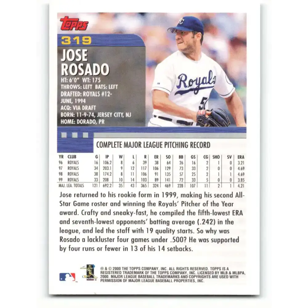 2000 Topps #319 Jose Rosado EX Excellent Kansas City Royals Baseball Card - Baseball Card Single