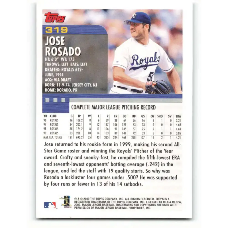 2000 Topps #319 Jose Rosado EX Excellent Kansas City Royals Baseball Card - Baseball Card Single