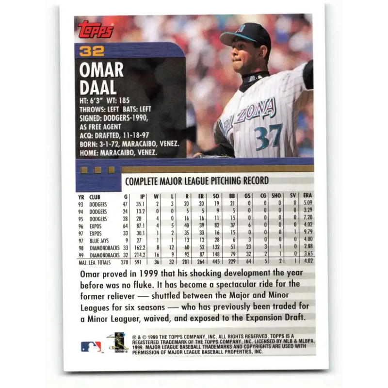 2000 Topps #32 Omar Daal EX Excellent Arizona Diamondbacks Baseball Card - Baseball Card Single