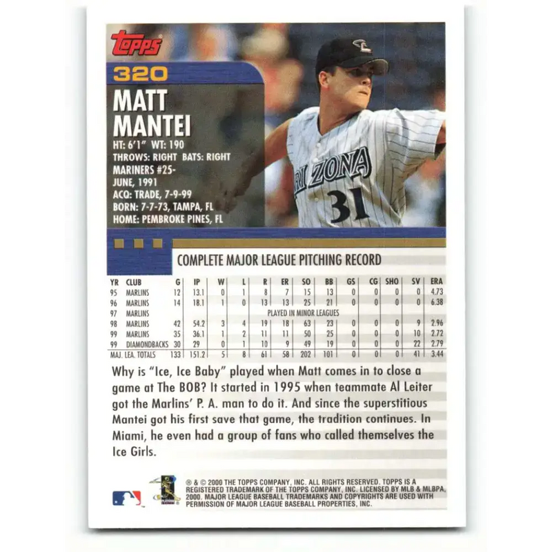 2000 Topps #320 Matt Mantei EX Excellent Arizona Diamondbacks Baseball Card - Baseball Card Single