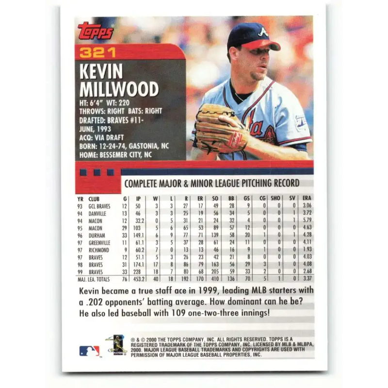 2000 Topps #321 Kevin Millwood EX Excellent Atlanta Braves Baseball Card - Baseball Card Single