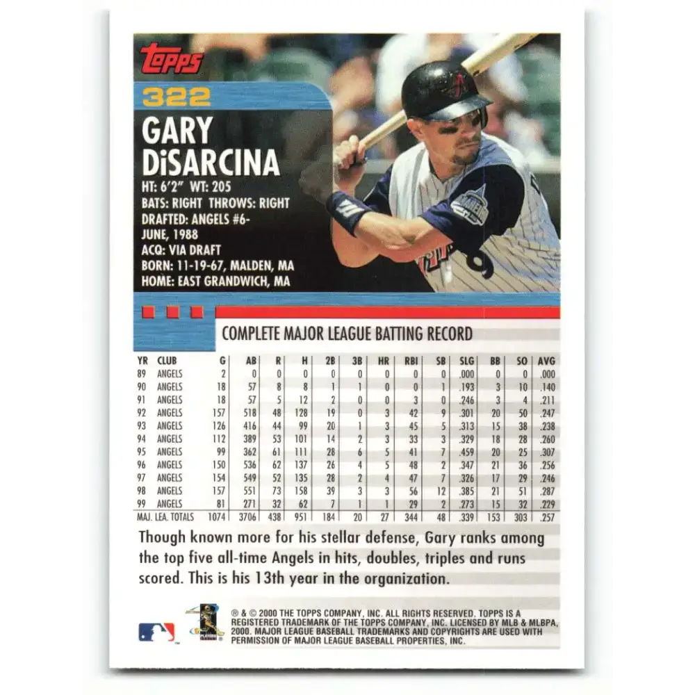 2000 Topps #322 Gary Disarcina EX Excellent Anaheim Angels Baseball Card - Baseball Card Single