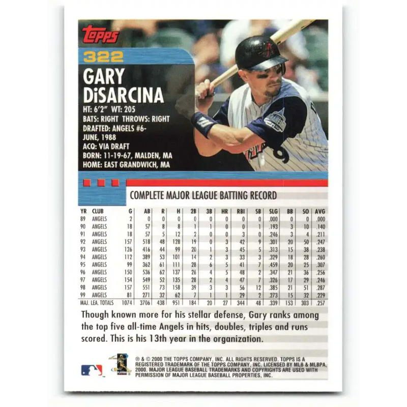 2000 Topps #322 Gary Disarcina EX Excellent Anaheim Angels Baseball Card - Baseball Card Single