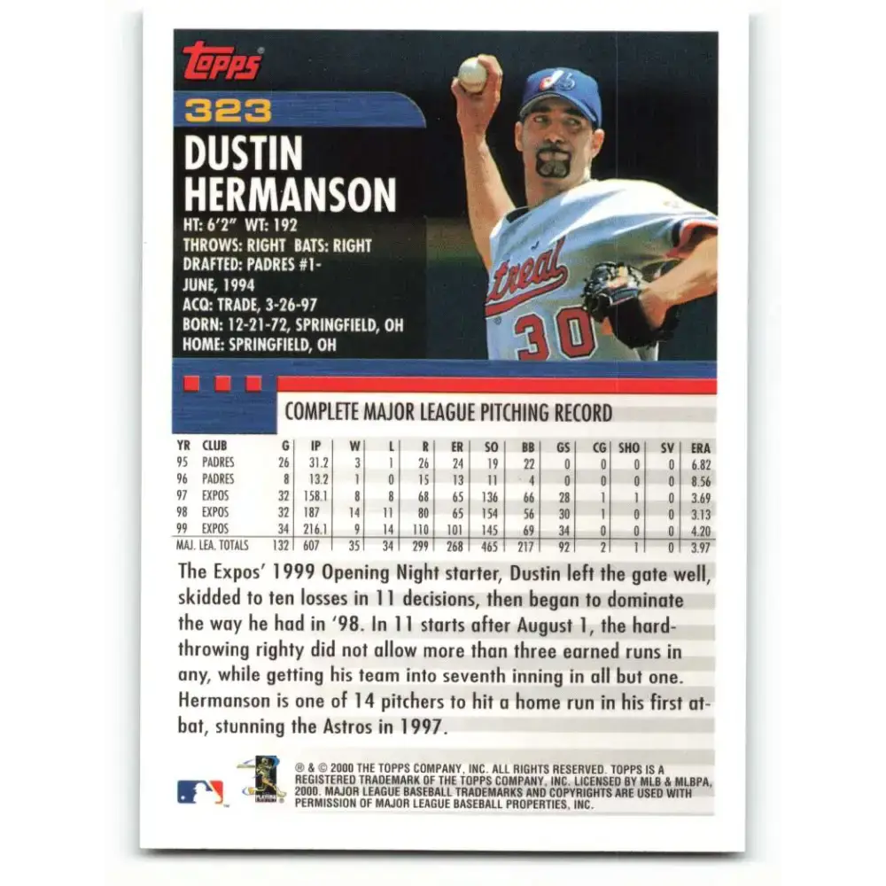 2000 Topps #323 Dustin Hermanson EX Excellent Montreal Expos Baseball Card - Baseball Card Single