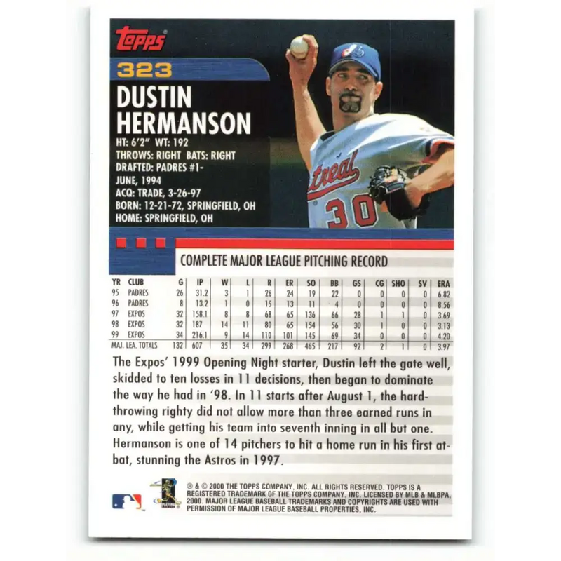 2000 Topps #323 Dustin Hermanson EX Excellent Montreal Expos Baseball Card - Baseball Card Single
