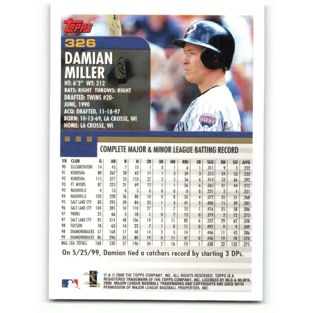 2000 Topps #326 Damian Miller EX Excellent RC Rookie Arizona Diamondbacks Baseball Card - Baseball Card Single