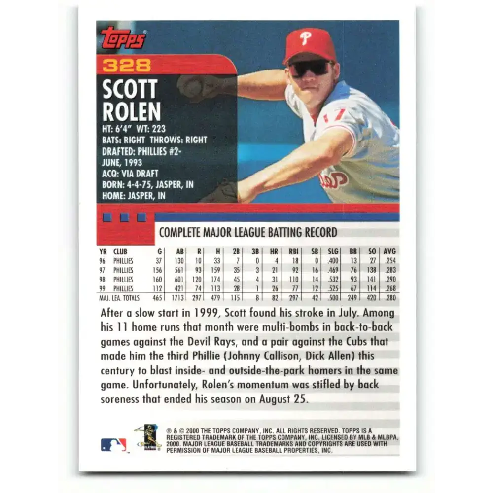 2000 Topps #328 Scott Rolen EX Excellent Philadelphia Phillies Baseball Card - Baseball Card Single