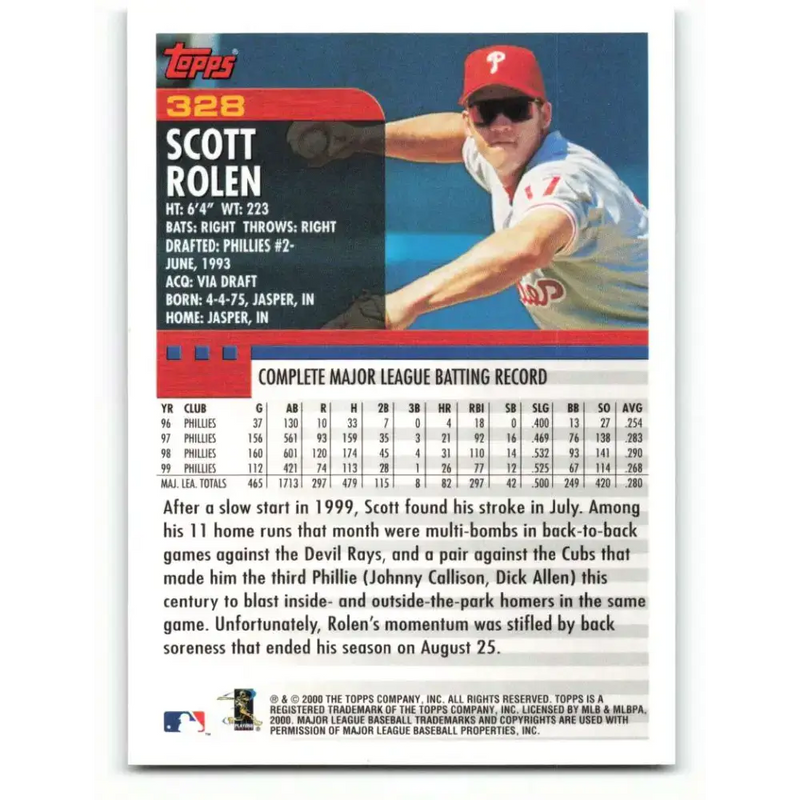 2000 Topps #328 Scott Rolen EX Excellent Philadelphia Phillies Baseball Card - Baseball Card Single