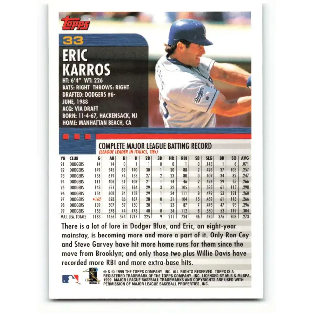 2000 Topps #33 Eric Karros EX Excellent Los Angeles Dodgers Baseball Card - Baseball Card Single