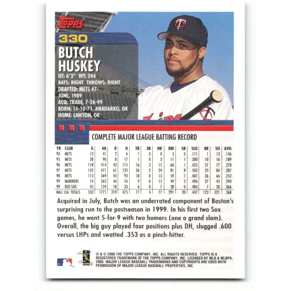2000 Topps #330 Butch Huskey EX Excellent Minnesota Twins Baseball Card - Baseball Card Single