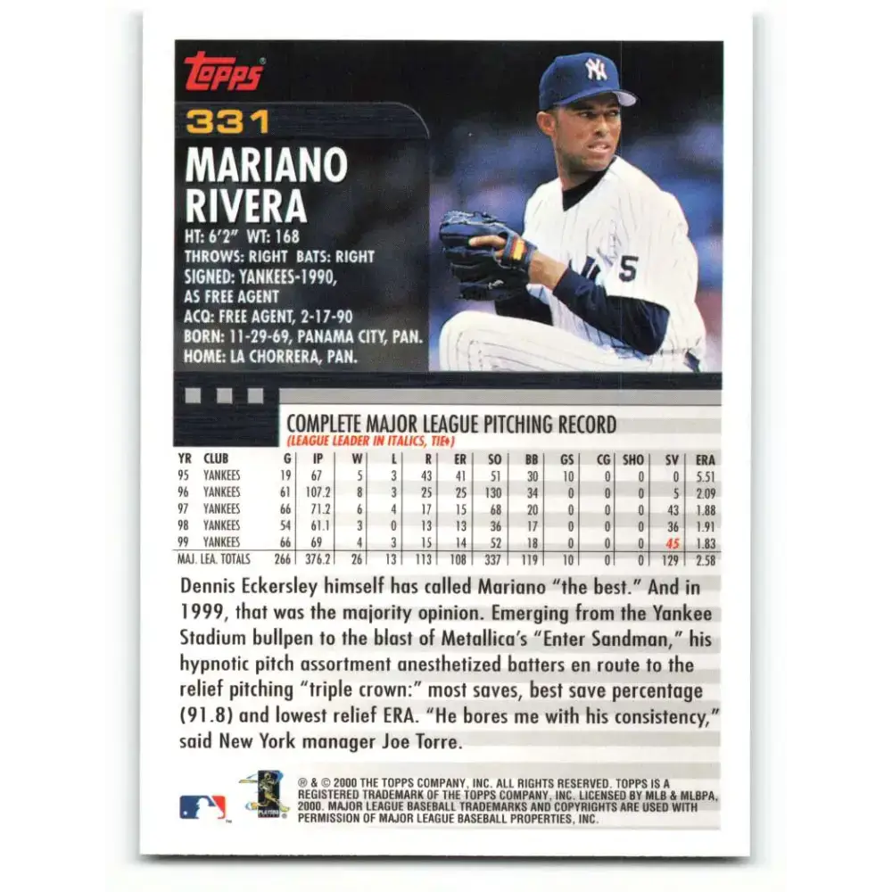 2000 Topps #331 Mariano Rivera EX Excellent New York Yankees Baseball Card - Baseball Card Single