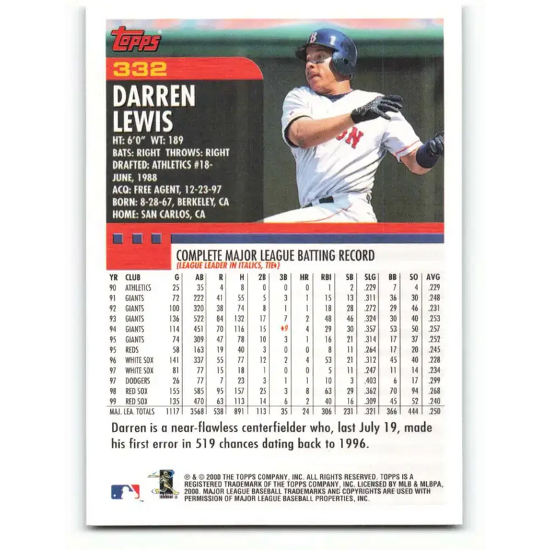 2000 Topps #332 Darren Lewis EX Excellent Boston Red Sox Baseball Card - Baseball Card Single
