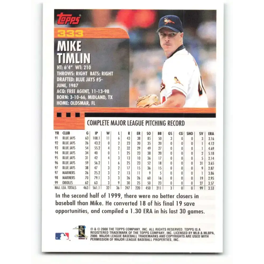 2000 Topps #333 Mike Timlin EX Excellent Baltimore Orioles Baseball Card - Baseball Card Single