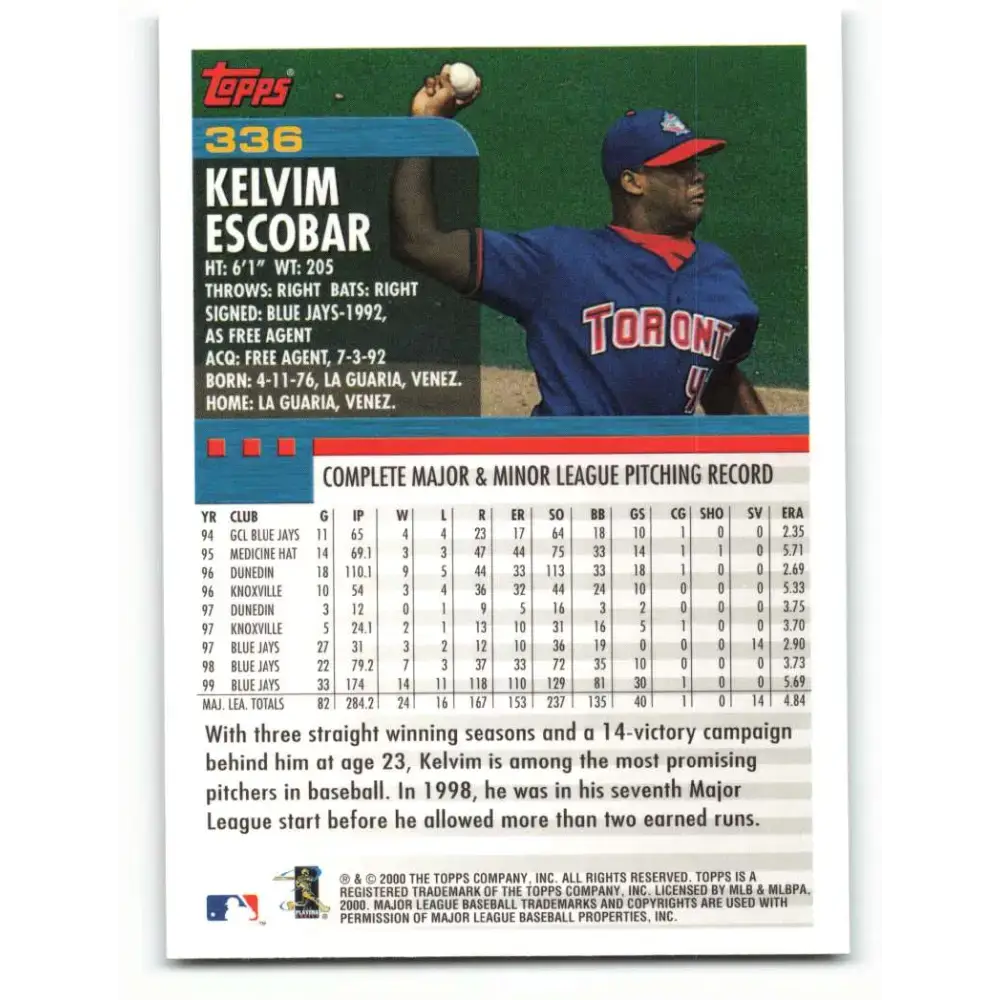 2000 Topps #336 Kelvim Escobar EX Excellent Toronto Blue Jays Baseball Card - Baseball Card Single