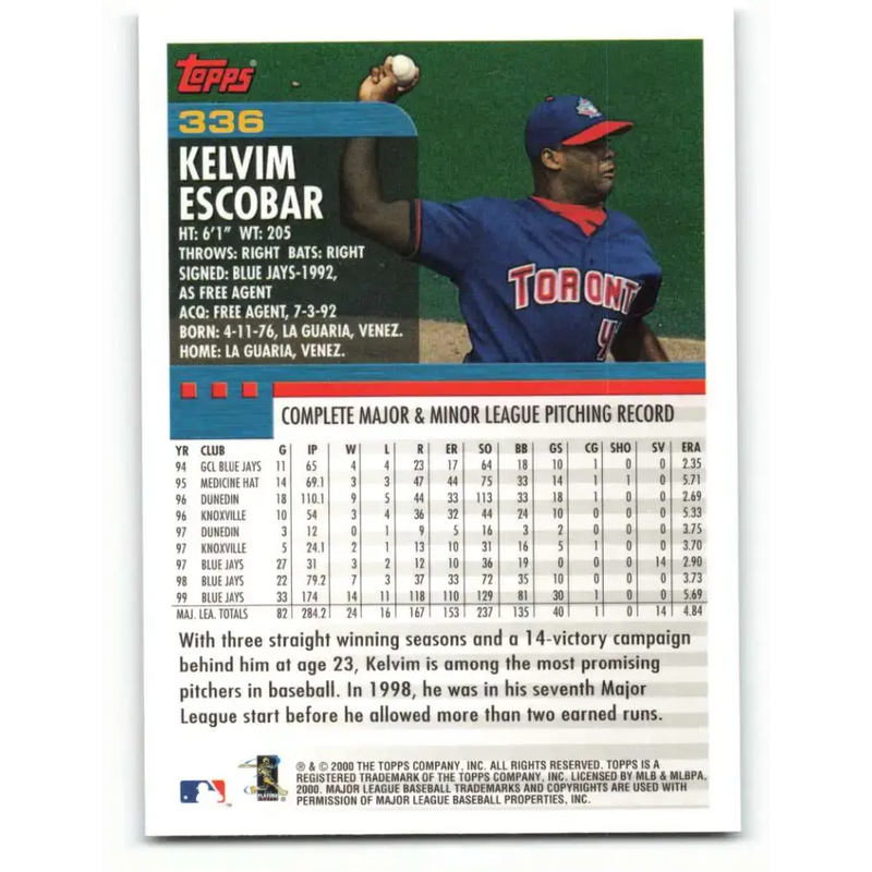 2000 Topps #336 Kelvim Escobar EX Excellent Toronto Blue Jays Baseball Card - Baseball Card Single
