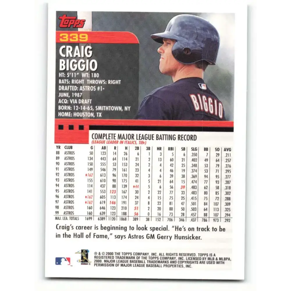 2000 Topps #339 Craig Biggio EX Excellent Houston Astros Baseball Card - Baseball Card Single