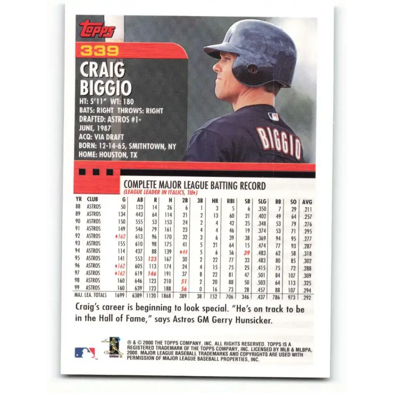 2000 Topps #339 Craig Biggio EX Excellent Houston Astros Baseball Card - Baseball Card Single