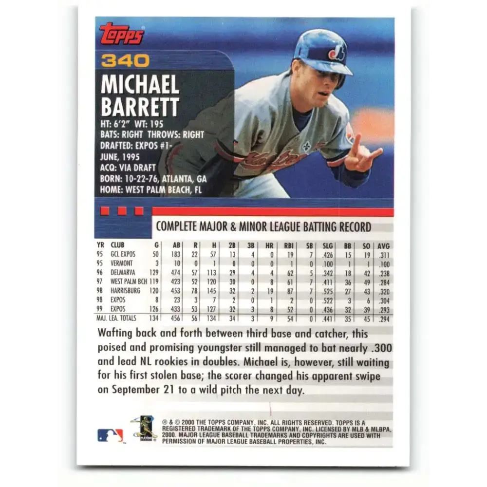 2000 Topps #340 Michael Barrett EX Excellent Montreal Expos Baseball Card - Baseball Card Single