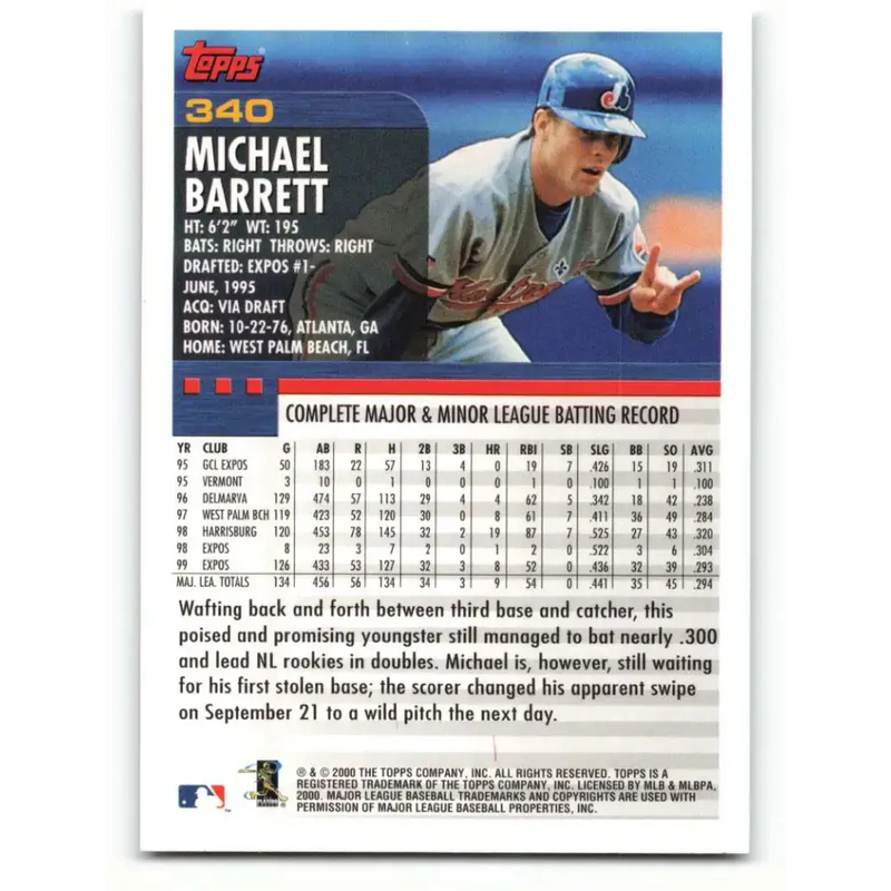 2000 Topps #340 Michael Barrett EX Excellent Montreal Expos Baseball Card - Baseball Card Single