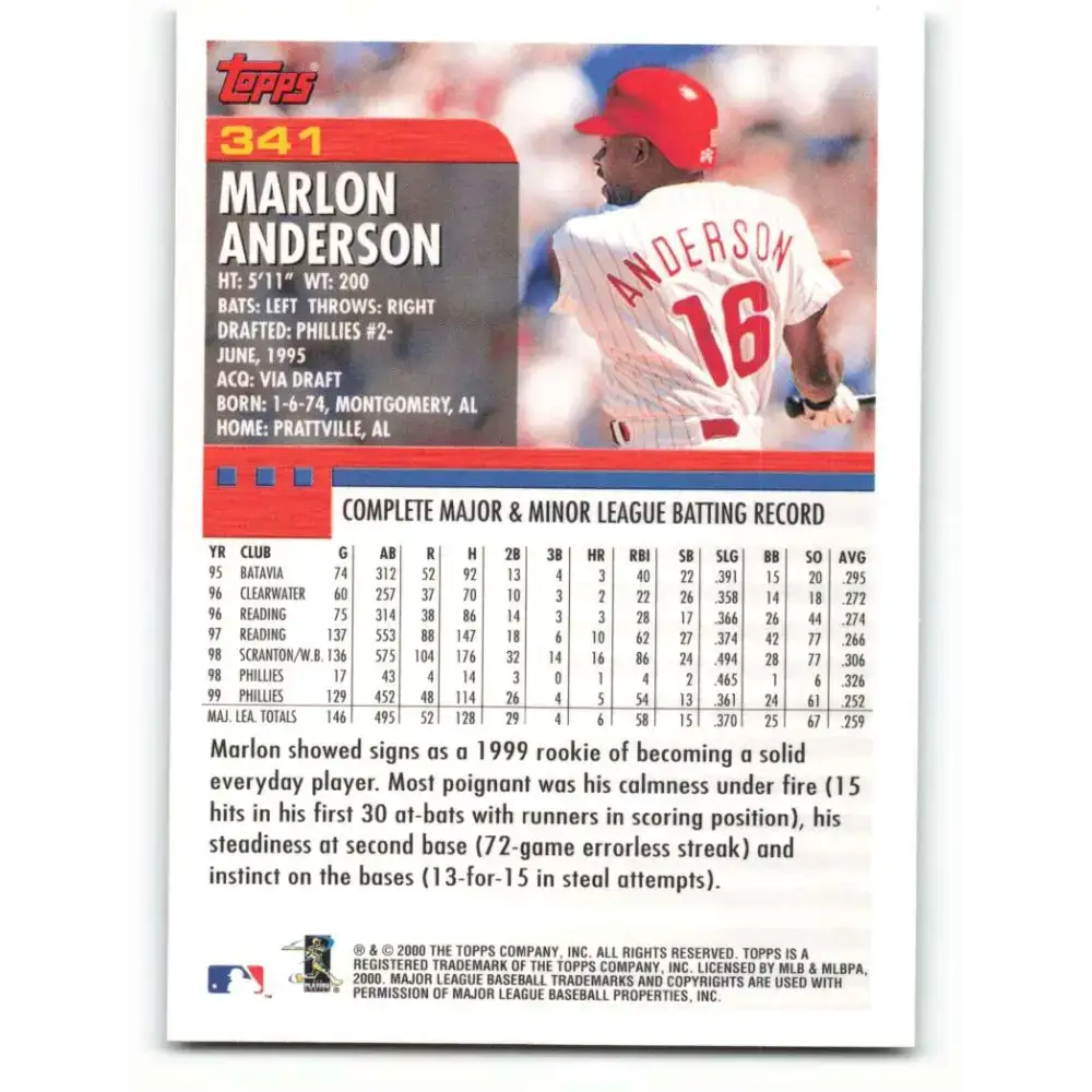 2000 Topps #341 Marlon Anderson EX Excellent Philadelphia Phillies Baseball Card - Baseball Card Single
