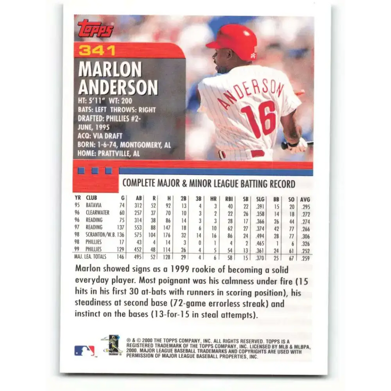 2000 Topps #341 Marlon Anderson EX Excellent Philadelphia Phillies Baseball Card - Baseball Card Single