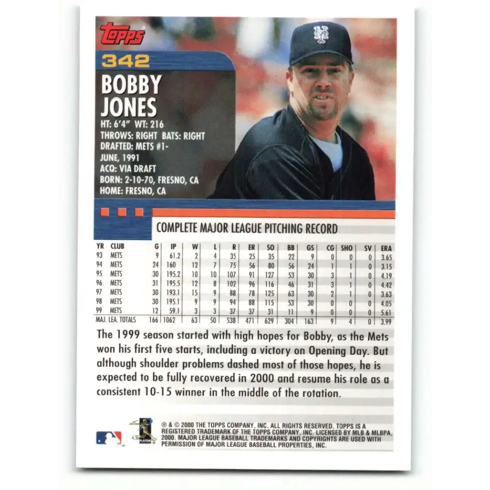 2000 Topps #342 Bobby Jones EX Excellent New York Mets Baseball Card - Baseball Card Single