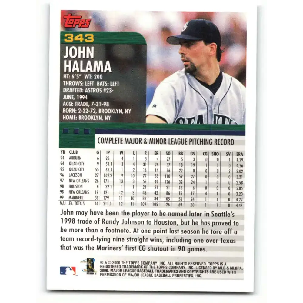 2000 Topps #343 John Halama EX Excellent Seattle Mariners Baseball Card