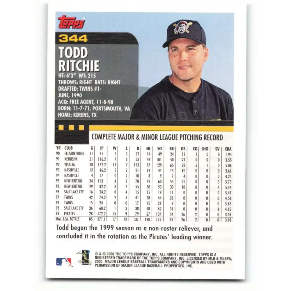 2000 Topps #344 Todd Ritchie EX Excellent Pittsburgh Pirates Baseball Card - Baseball Card Single