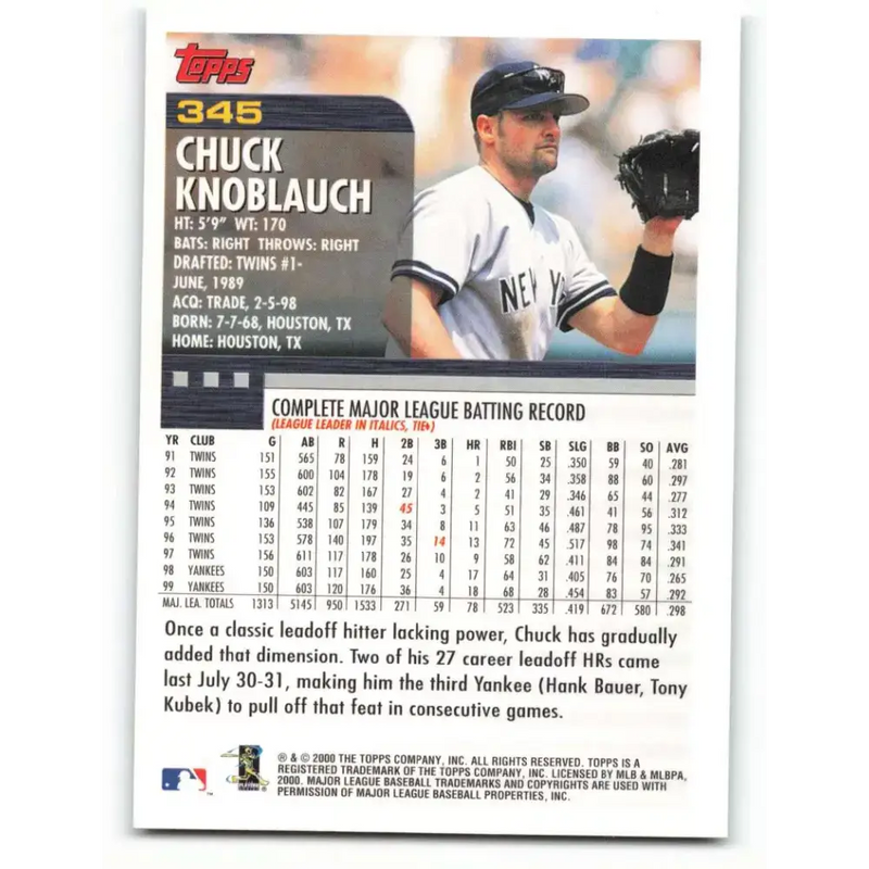 2000 Topps #345 Chuck Knoblauch EX Excellent New York Yankees Baseball Card - Baseball Card Single