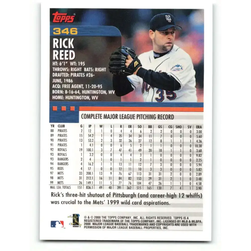 2000 Topps #346 Rick Reed EX Excellent New York Mets Baseball Card - Baseball Card Single