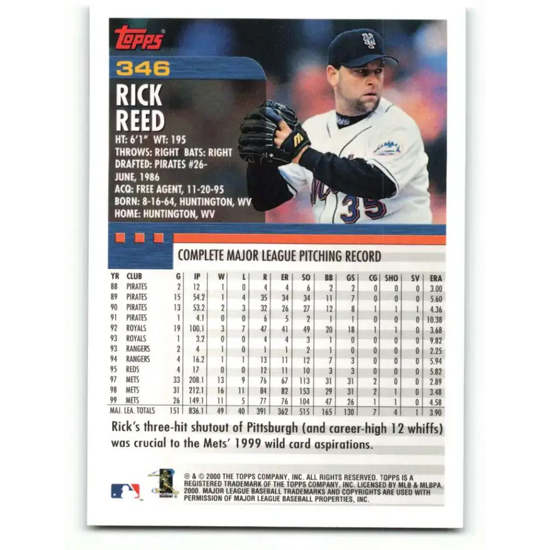 2000 Topps #346 Rick Reed EX Excellent New York Mets Baseball Card - Baseball Card Single