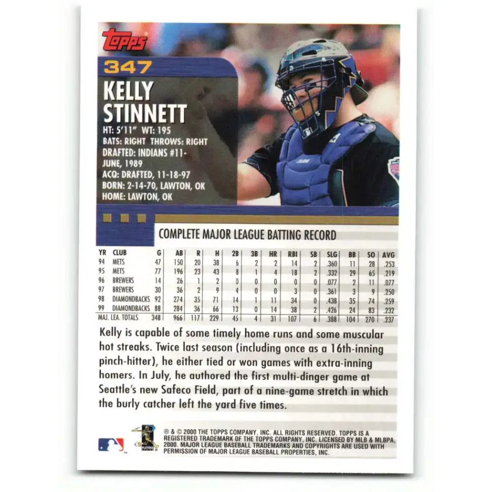 2000 Topps #347 Kelly Stinnett EX Excellent Arizona Diamondbacks Baseball Card - Baseball Card Single