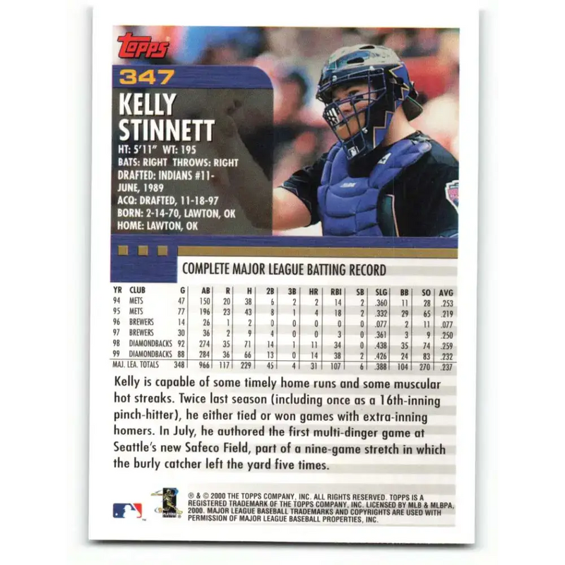 2000 Topps #347 Kelly Stinnett EX Excellent Arizona Diamondbacks Baseball Card - Baseball Card Single