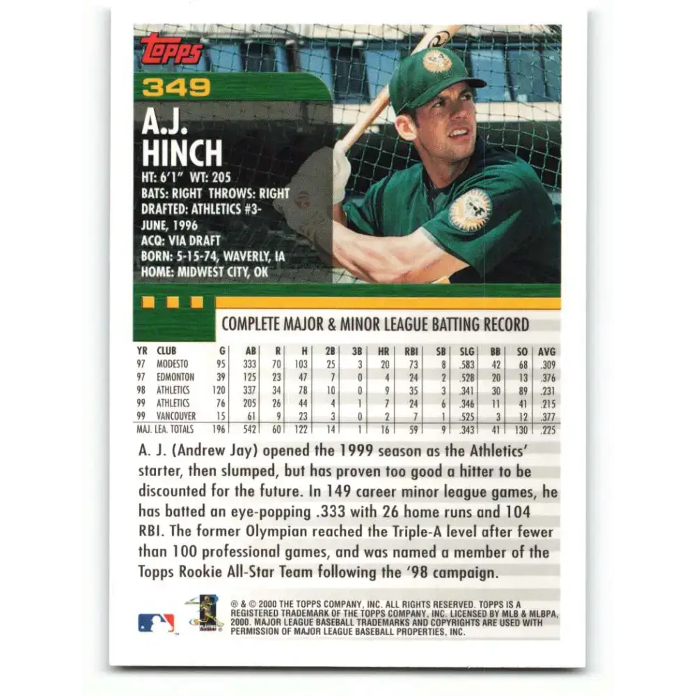 2000 Topps #349 A.J. Hinch EX Excellent Oakland Athletics Baseball Card - Baseball Card Single