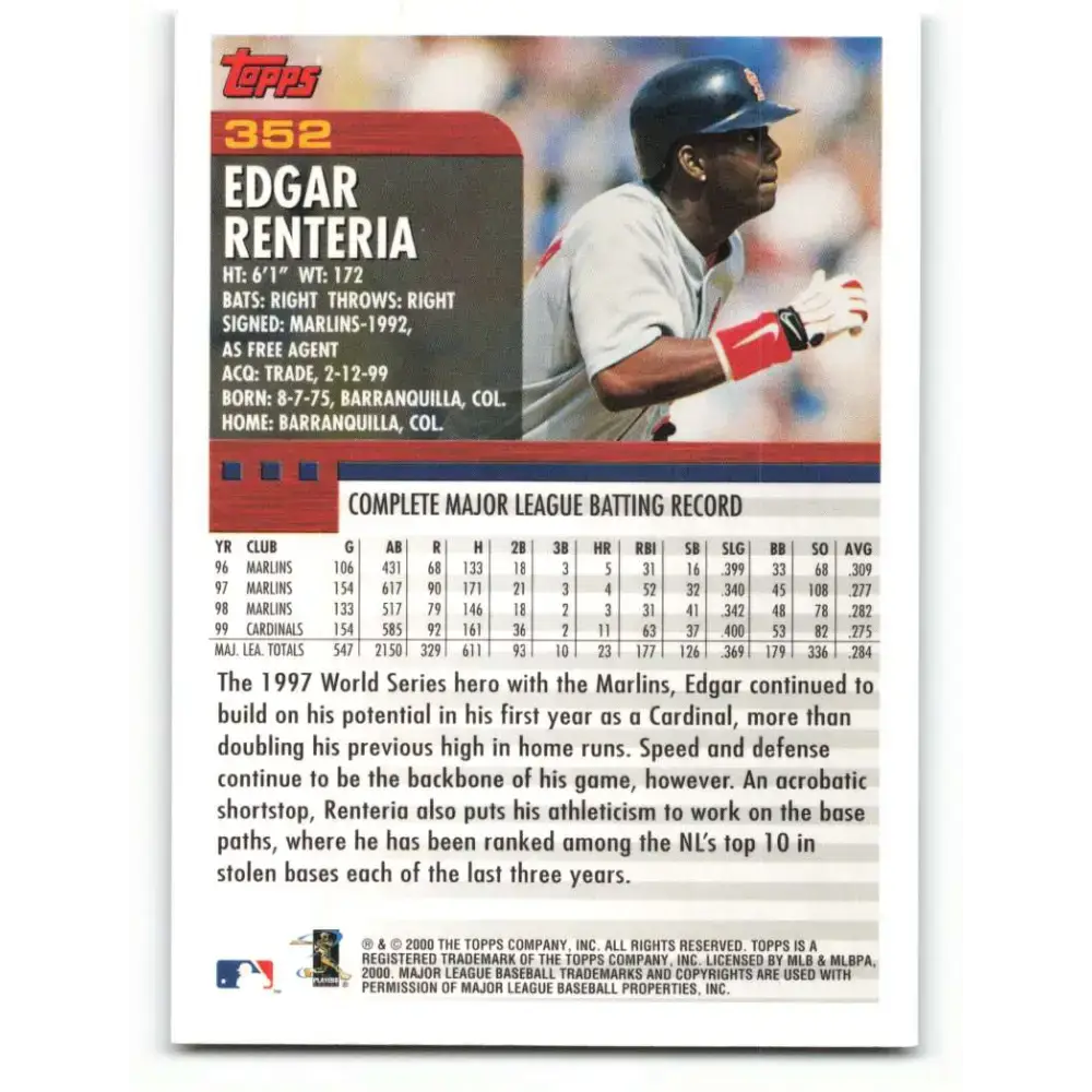 2000 Topps #352 Edgar Renteria EX Excellent St. Louis Cardinals Baseball Card - Baseball Card Single