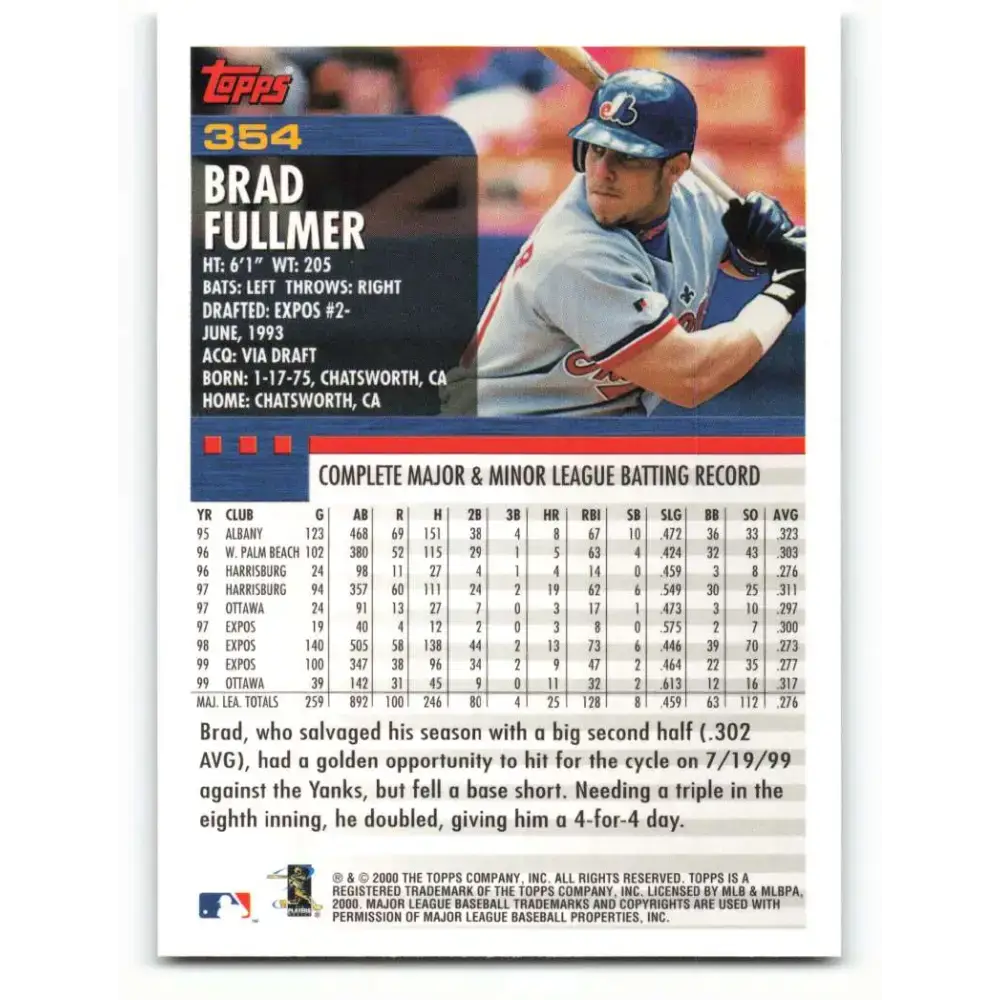 2000 Topps #354 Brad Fullmer EX Excellent Montreal Expos Baseball Card - Baseball Card Single