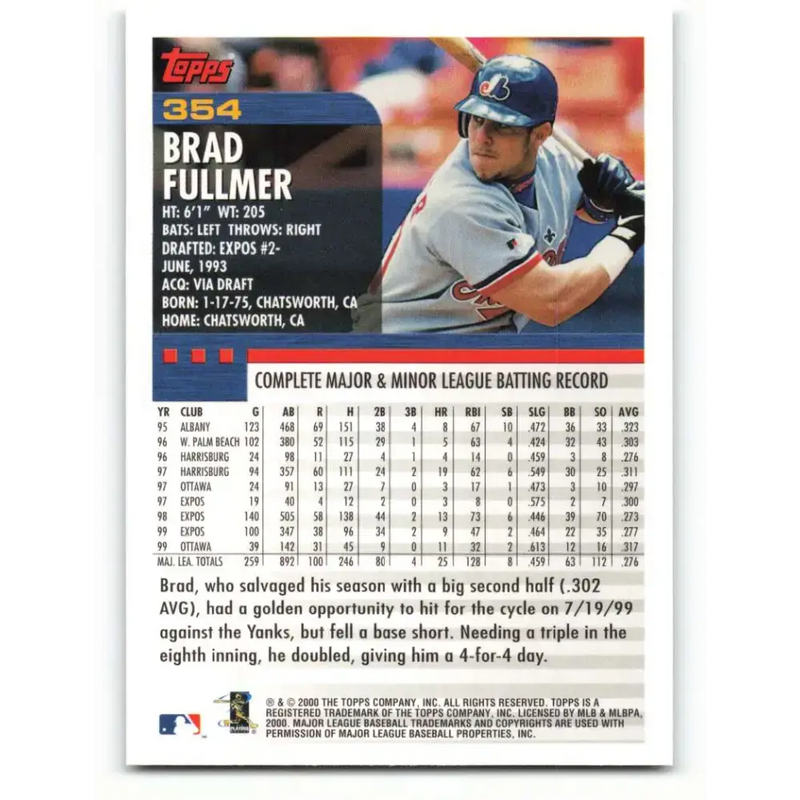 2000 Topps #354 Brad Fullmer EX Excellent Montreal Expos Baseball Card - Baseball Card Single