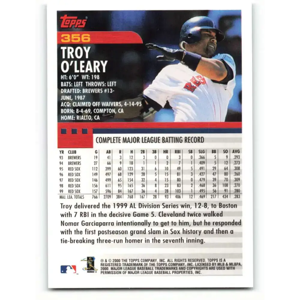 2000 Topps #356 Troy O’Leary EX Excellent Boston Red Sox Baseball Card - Baseball Card Single