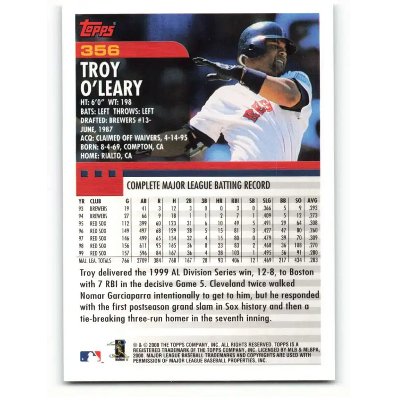2000 Topps #356 Troy O’Leary EX Excellent Boston Red Sox Baseball Card - Baseball Card Single