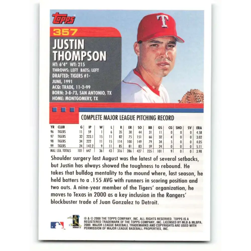 2000 Topps #357 Justin Thompson EX Excellent Texas Rangers Baseball Card - Baseball Card Single