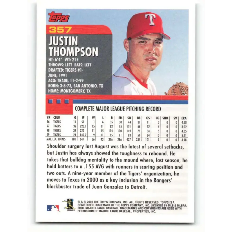 2000 Topps #357 Justin Thompson EX Excellent Texas Rangers Baseball Card - Baseball Card Single