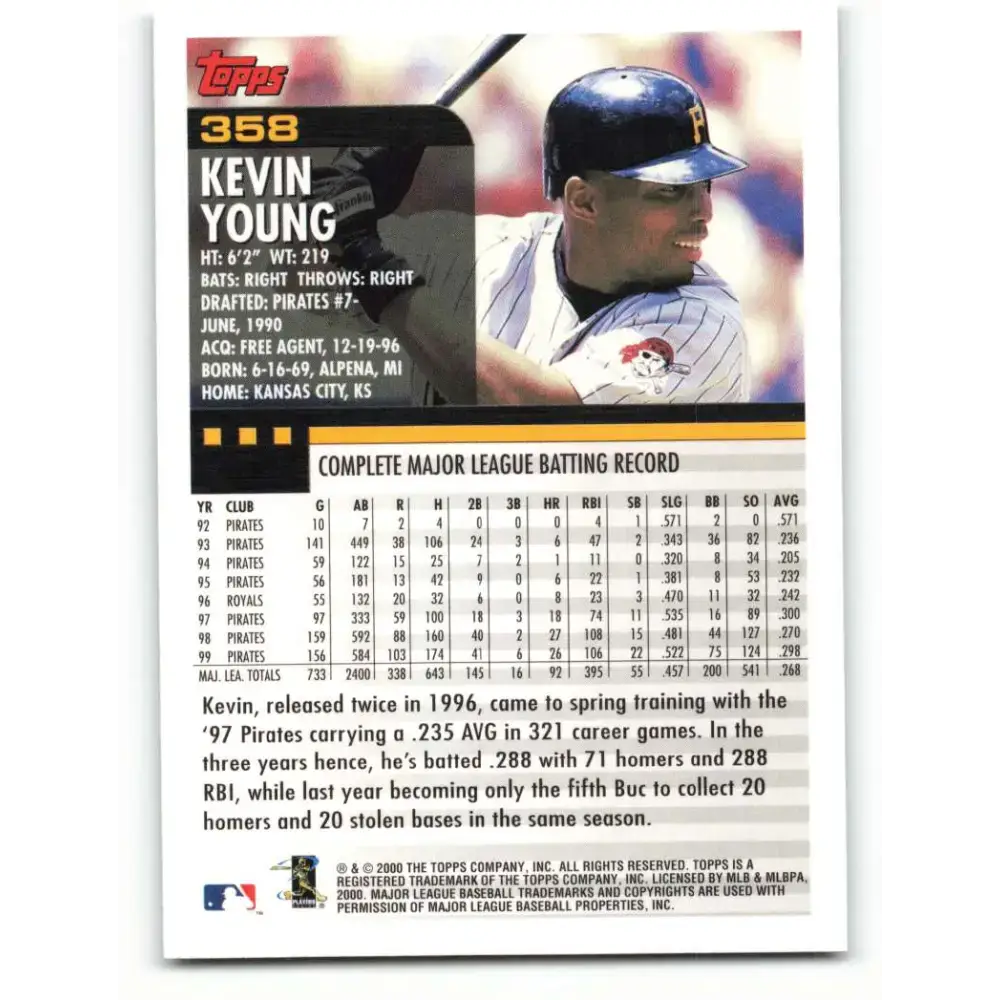 2000 Topps #358 Kevin Young EX Excellent Pittsburgh Pirates Baseball Card - Baseball Card Single