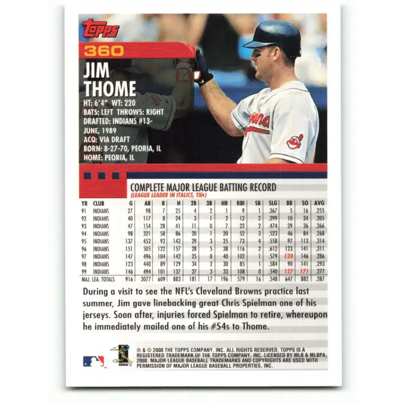 2000 Topps #360 Jim Thome EX Excellent Cleveland Indians Baseball Card - Baseball Card Single