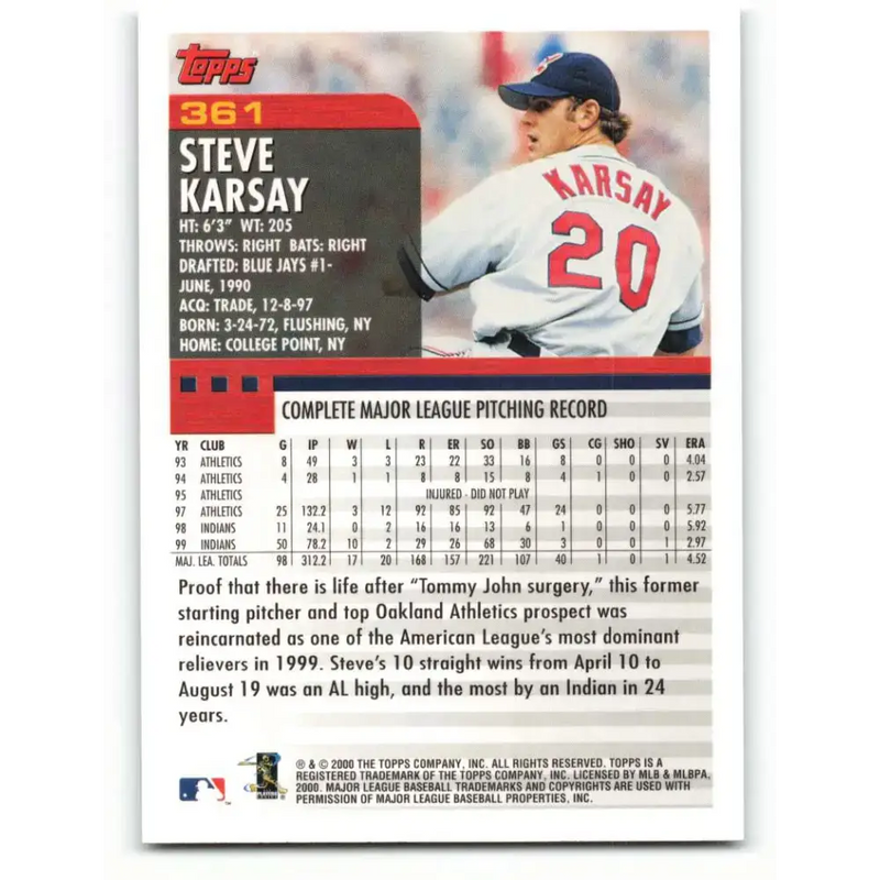 2000 Topps #361 Steve Karsay EX Excellent Cleveland Indians Baseball Card - Baseball Card Single