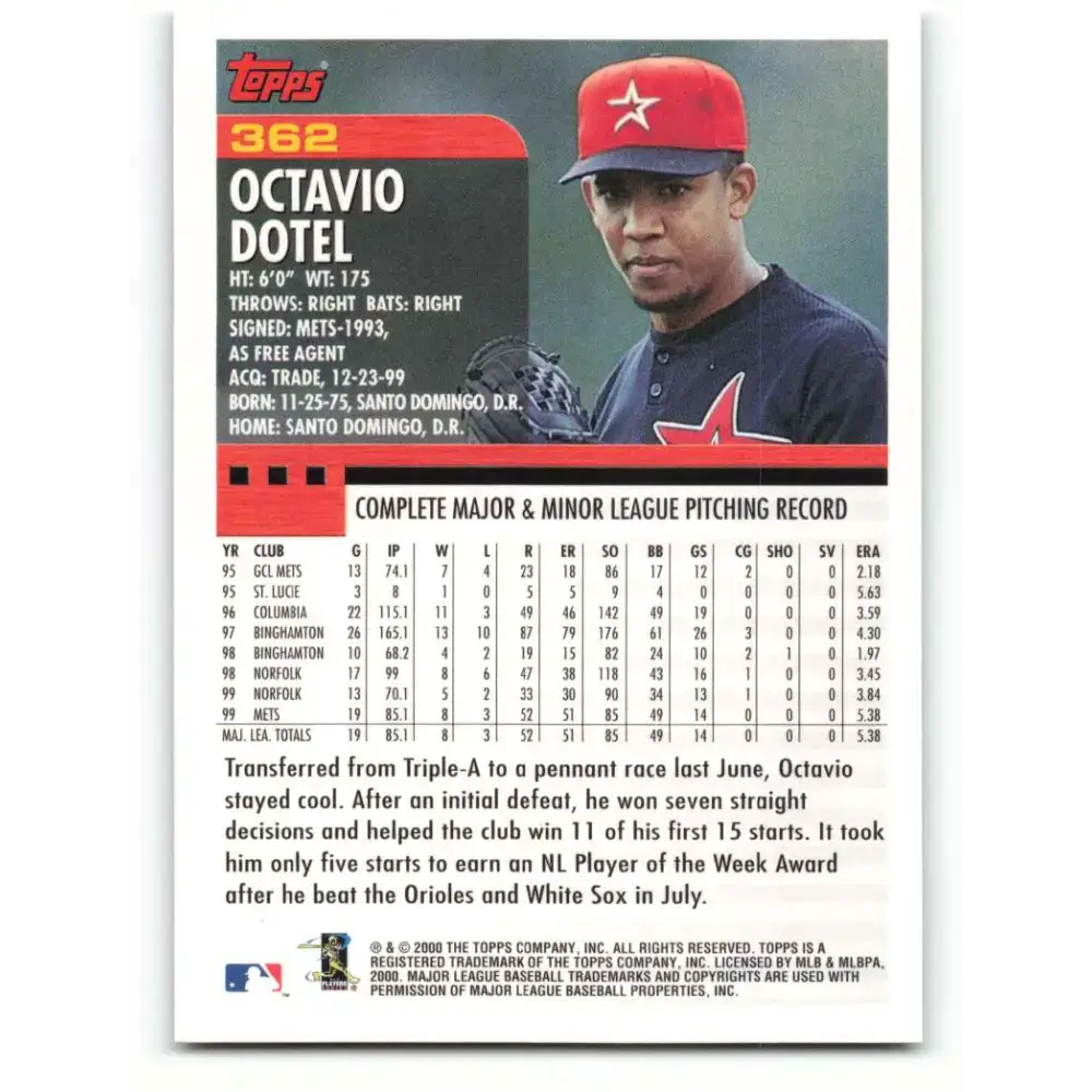 2000 Topps #362 Octavio Dotel EX Excellent Houston Astros Baseball Card - Baseball Card Single