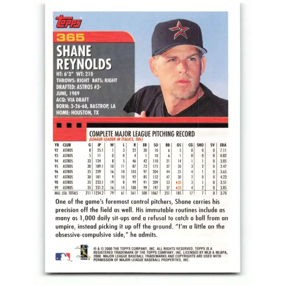2000 Topps #365 Shane Reynolds EX Excellent Houston Astros Baseball Card - Baseball Card Single