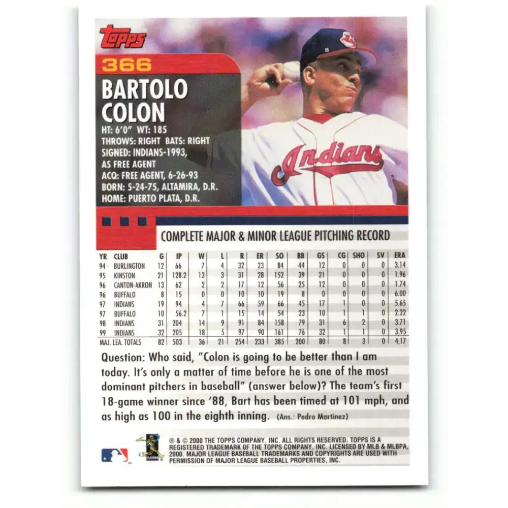 2000 Topps #366 Bartolo Colon EX Excellent Cleveland Indians Baseball Card - Baseball Card Single